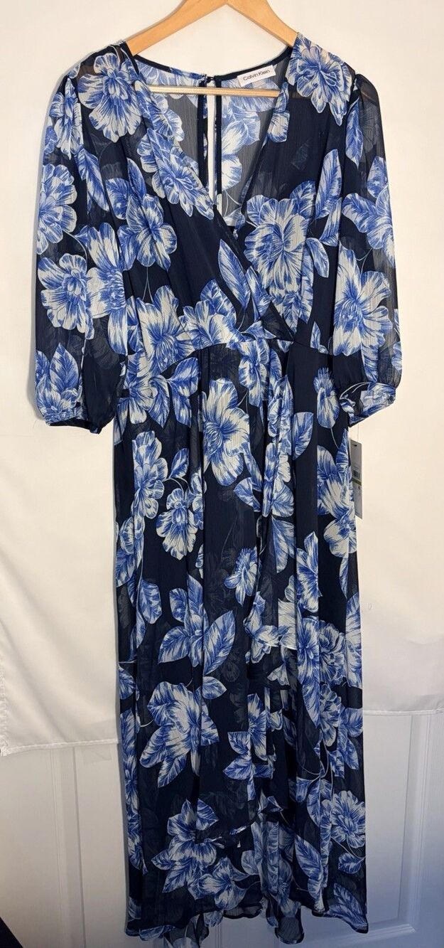 Calvin Klein chiffon 3/4 Balloon Sleeve Faux Wrap floral Dress Indigo Multi 14